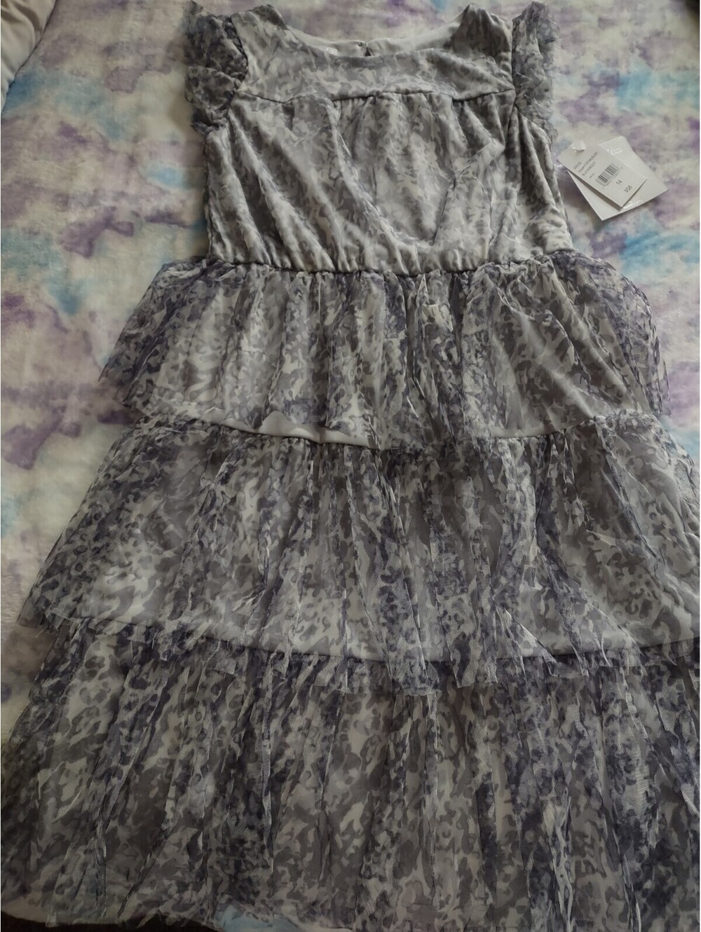 NWT Girls Tiered Dress Black And Grey Leopard Size 14